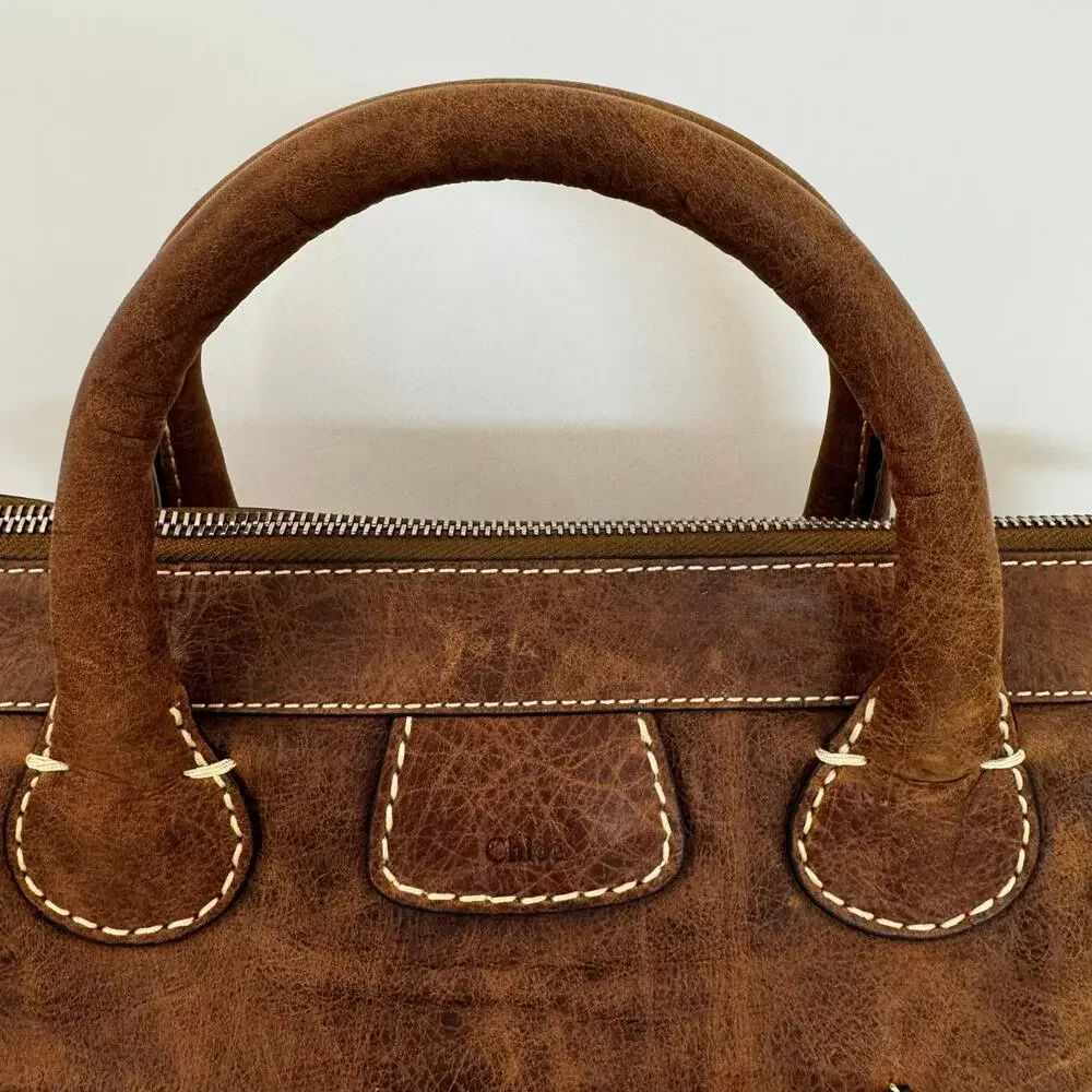 Chloe Edith Tote Bag Top Handle in Brown Nubuck Leather Made in Italy Authentic
